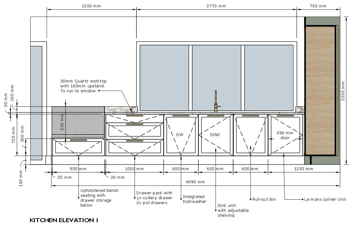 Professional kitchen cabinetry joinery drawing showing sink wall elevation with dishwasher, pull out bin, Le Mans corner unit and upholstered bench seating with dimensions by DreamSpace
