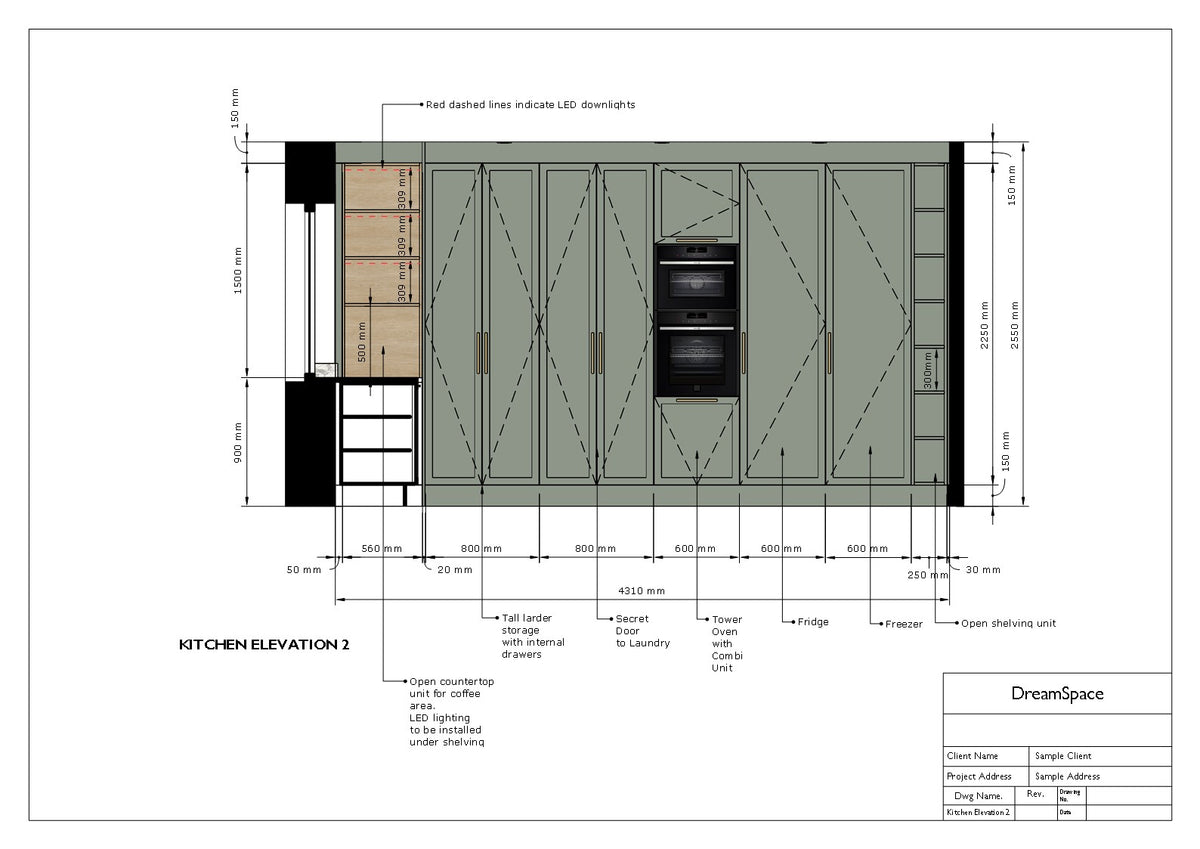 Professional kitchen cabinetry joinery drawing showing tall larder storage, secret door to laundry, tower oven with combi unit, fridge freezer and open shelving with dimensions by DreamSpace
