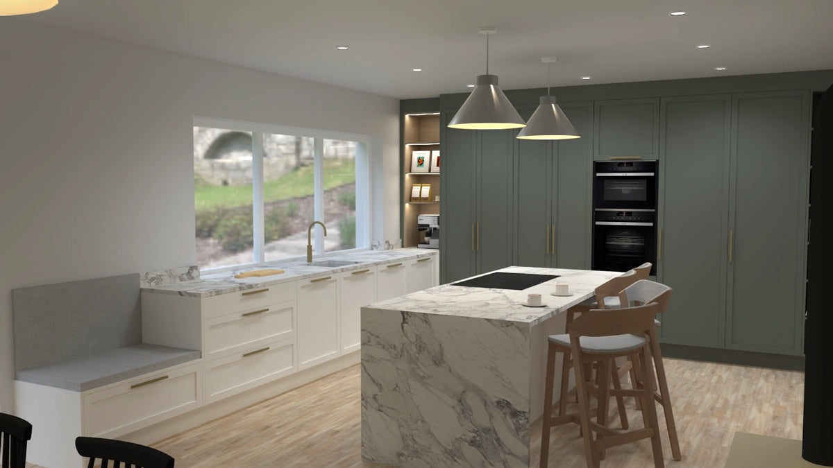 3D kitchen design render showing marble island with seating, sage green shaker cabinetry, oven tower and open shelving with pendant lighting by DreamSpace