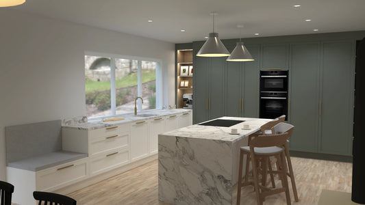 3D kitchen design render showing marble island with seating, sage green shaker cabinetry, oven tower and open shelving with pendant lighting by DreamSpace
