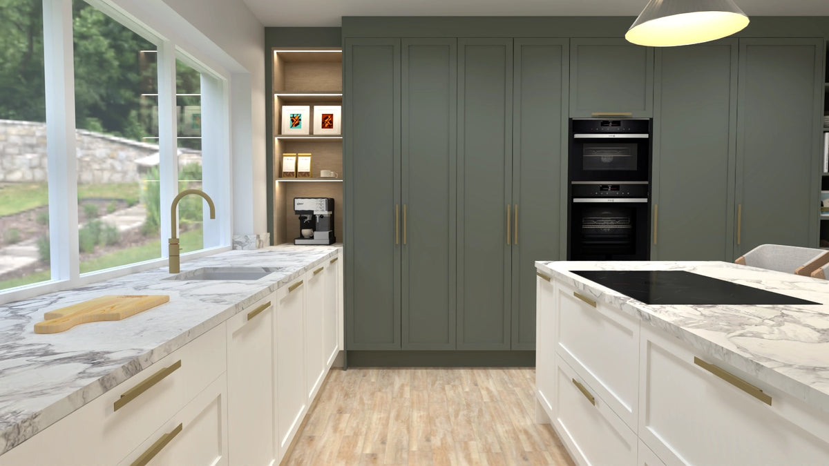 3D kitchen design render showing sage green shaker cabinetry with brass handles, marble countertops, built in coffee station and double oven tower by DreamSpace